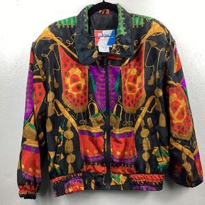 Vintage Pan Asia Women's Medium Windbreaker Jacket Multicolor Full Zip Retro 90s